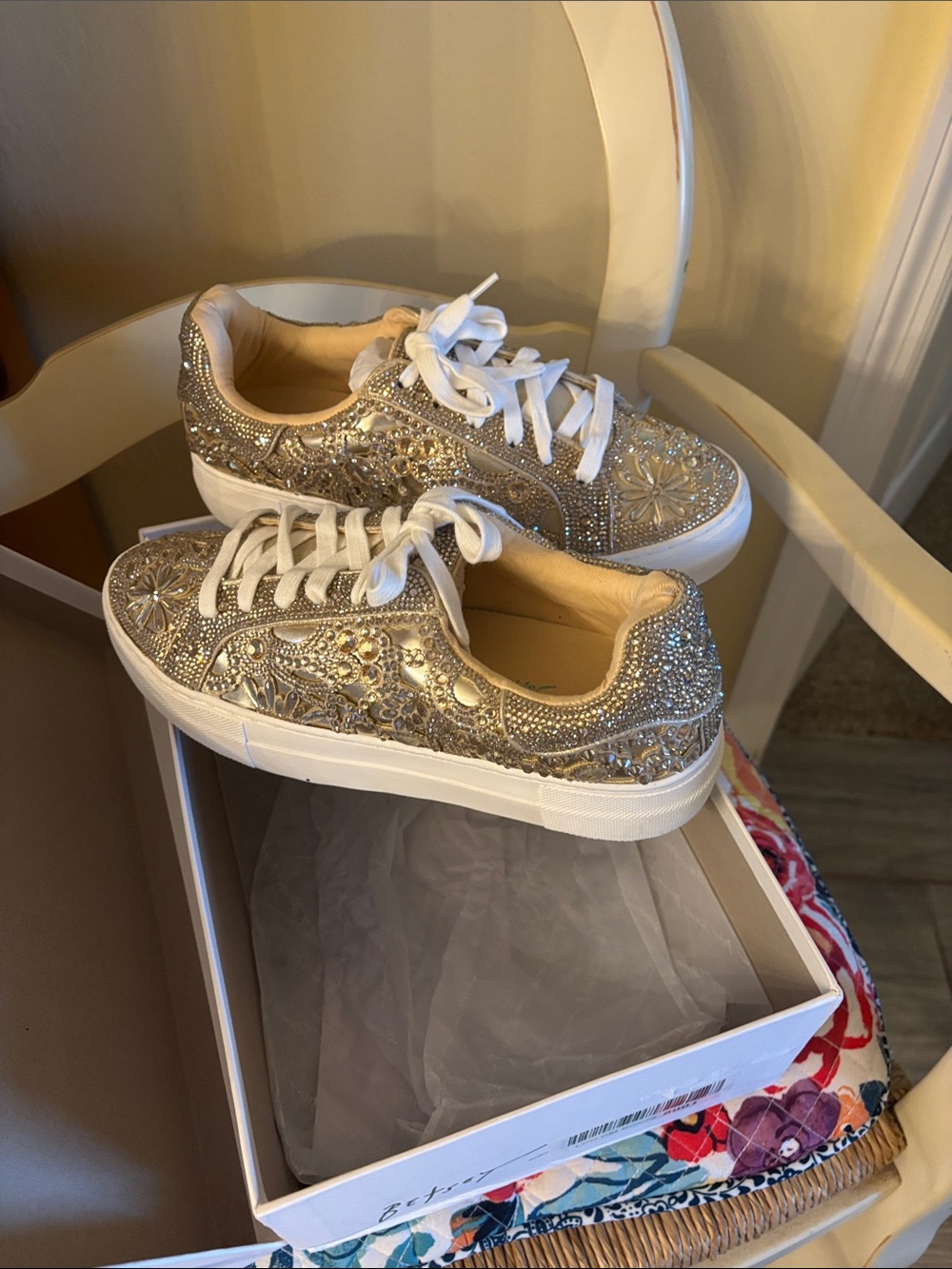 Betsey Johnson Gold Floral Crystal Lace-Up Sneakers - Picture 2 of 3
